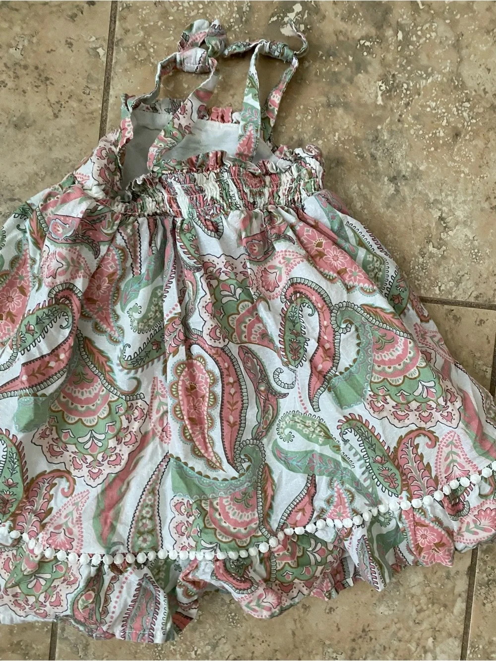 Haute Hippie Boho Girls Paisley Pompom Trim Pink Mint Adorable Summer Dress 2T